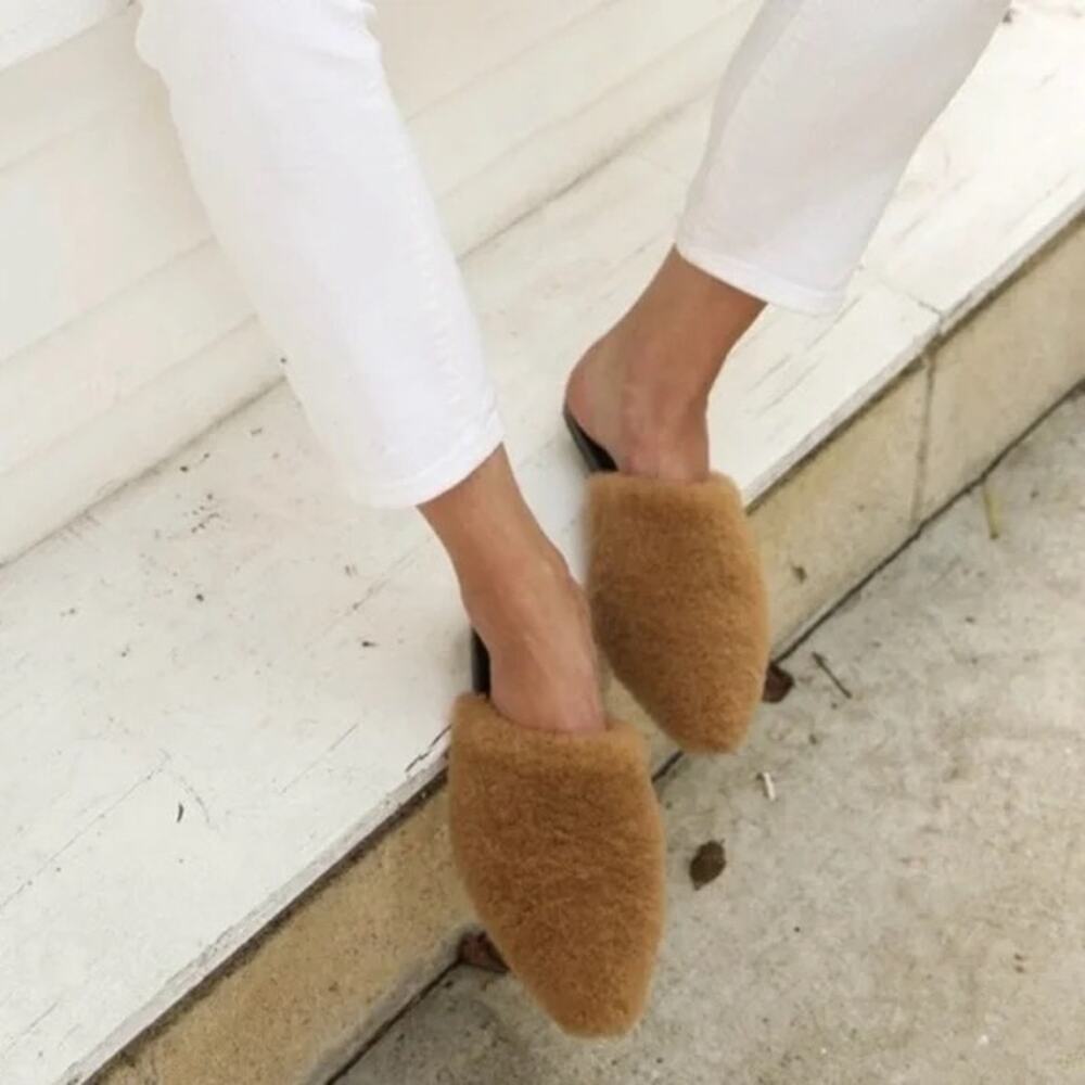 Jenni Kayne Shearling Mules Natural Tan Pointed Toe Size 38